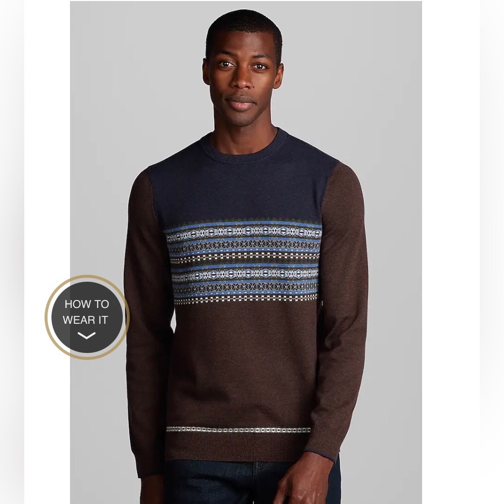 NWT Jos.A.Bank navy and brown cotton Fair Isle sweater.